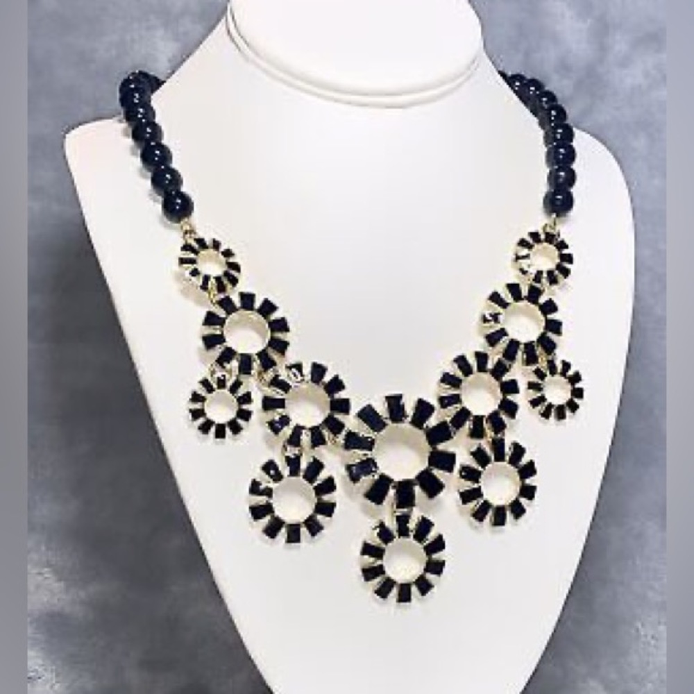 Talbots Gold and Navy Blue Starburst Statement Necklace Classic